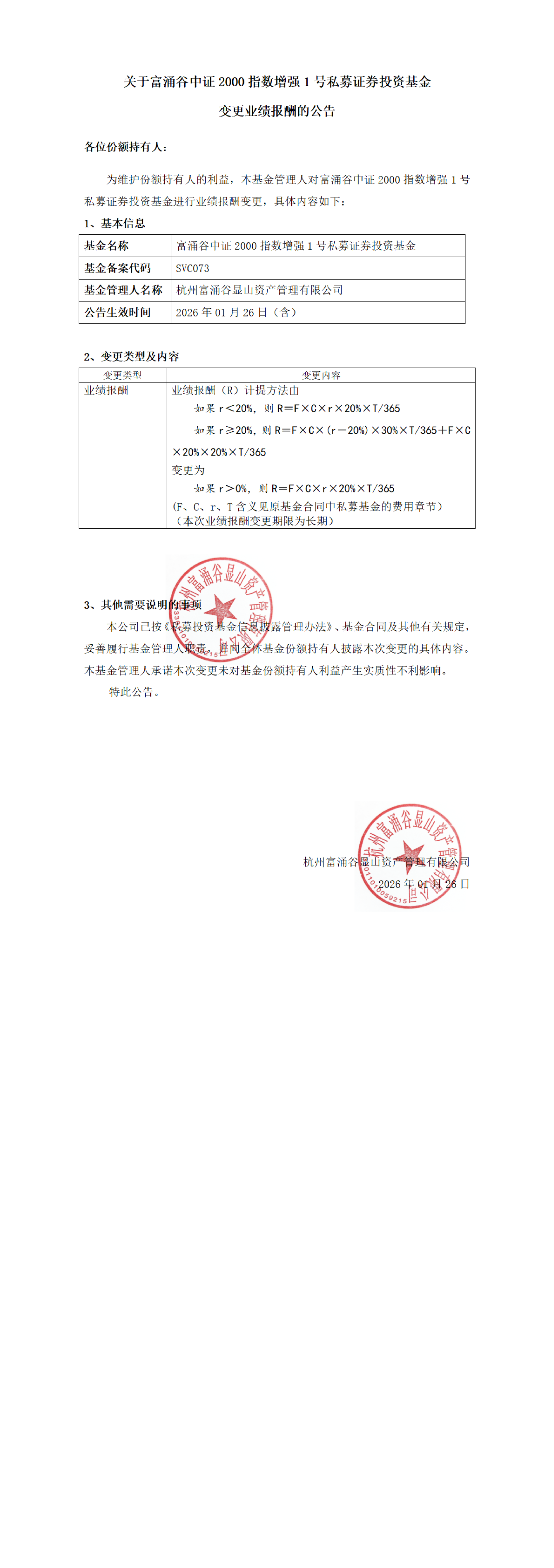 关于富涌谷中证2000指数增强1号私募证券投资基金基金变更业绩报酬的公告_00.png